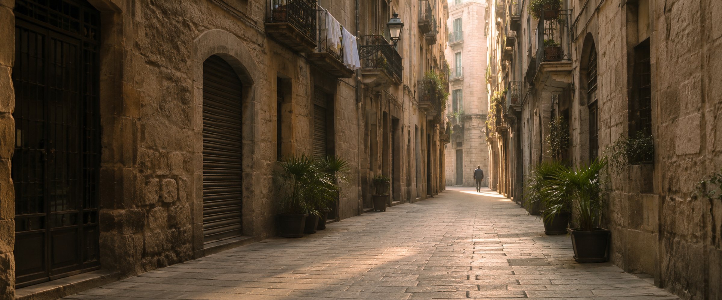 A narrow stone street in the Gothic Quarter of Barcelona, early morning