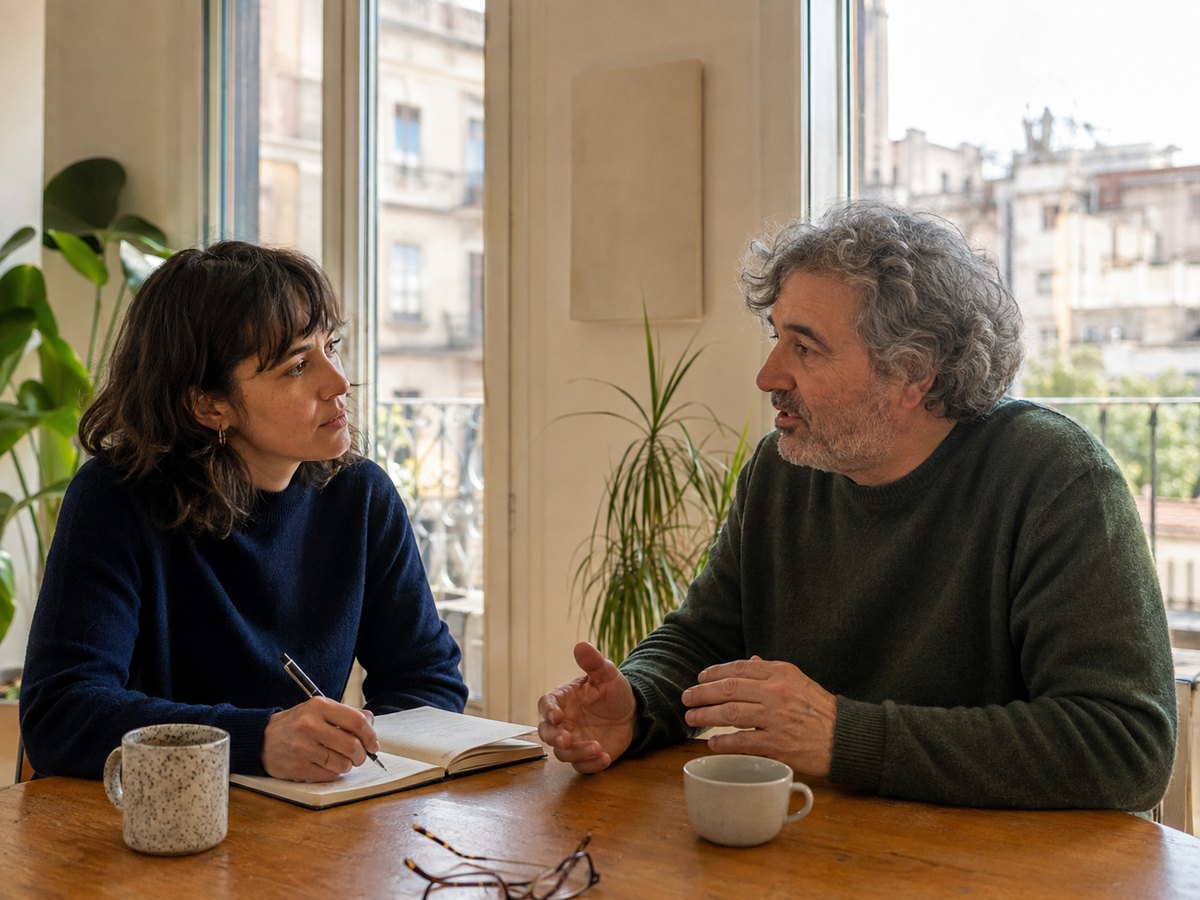 Two people talking across a table by a window in Barcelona, one of them taking notes