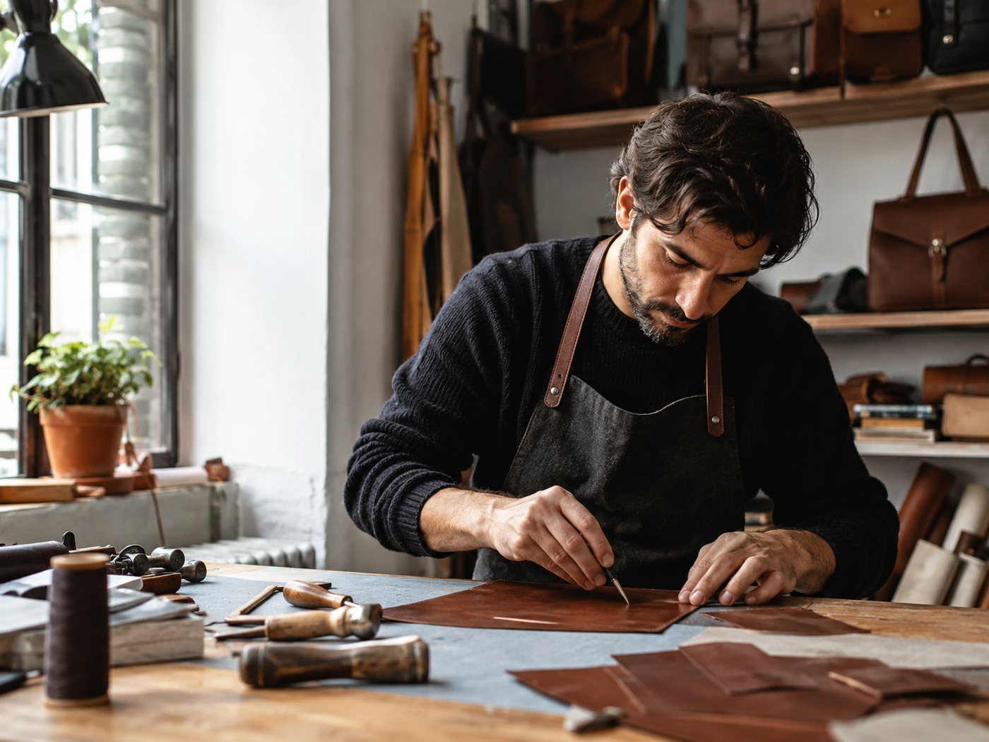 A craftsman cutting leather at his workbench in a daylit workshop